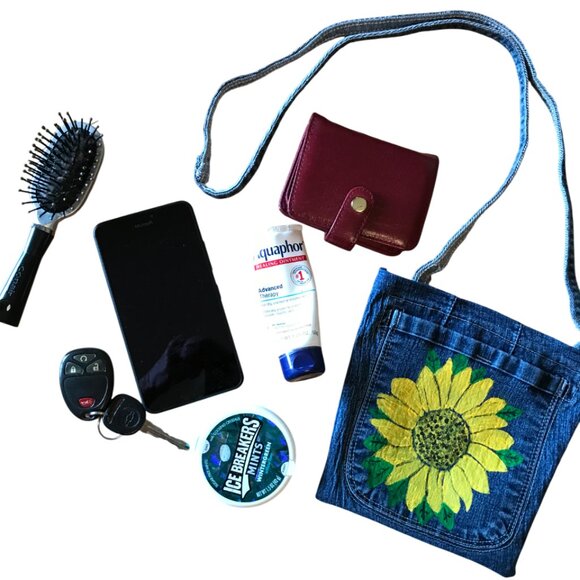 Denim Crossbody Bag: Sunflower Theme Handmade Jean Purse, Cell Phone Holder - Picture 4 of 11